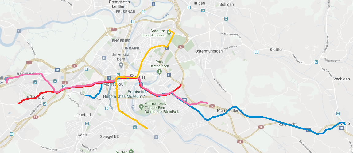 Tram map for Bern, Switzerland.