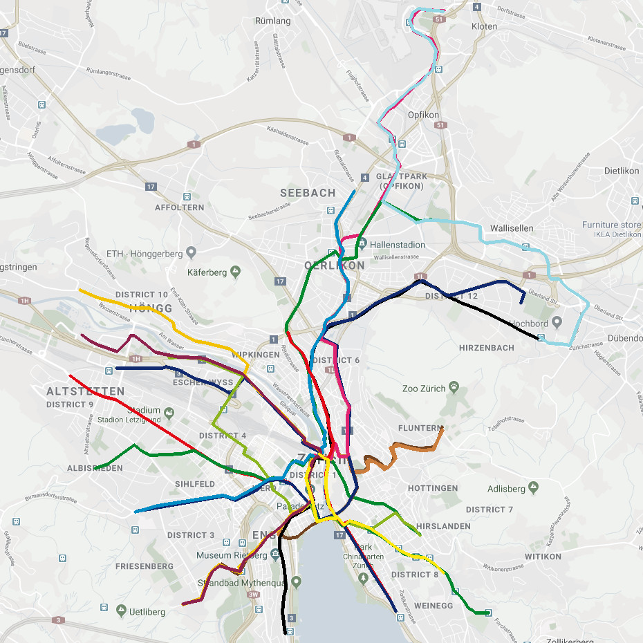 Tram map for Zürich, Switzerland.