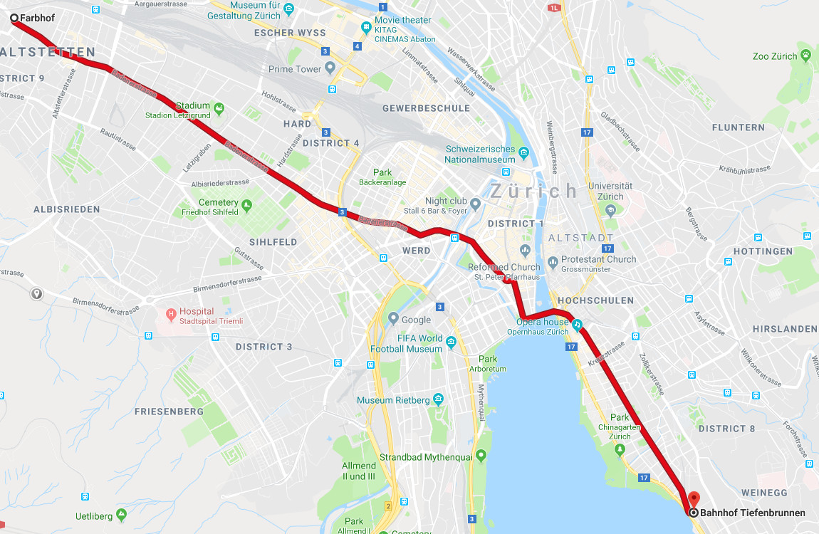 Map for Tram Line 2 in Zürich, Switzerland.